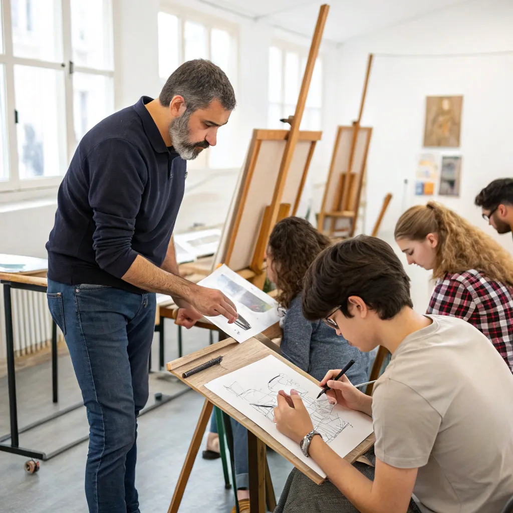 Instructor guiding students in a drawing class
